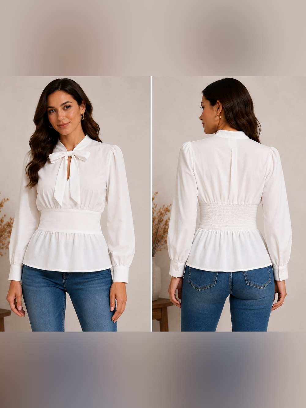 Grace Karin White Bow Tie Peplum Blouse Long Sleeve NWT Size M